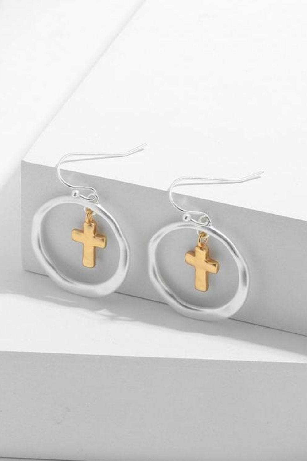 Brass Contrast Cross Dangle Earrings - Trendsi - Flyclothing LLC