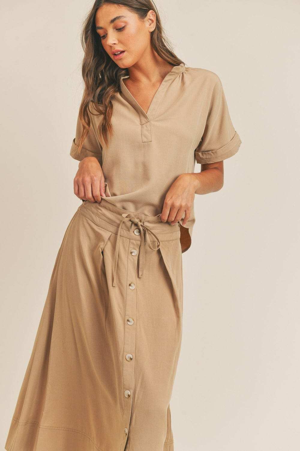 MABLE Short Sleeve Top and Button Down Midi Skirt Set - Trendsi - Flyclothing LLC