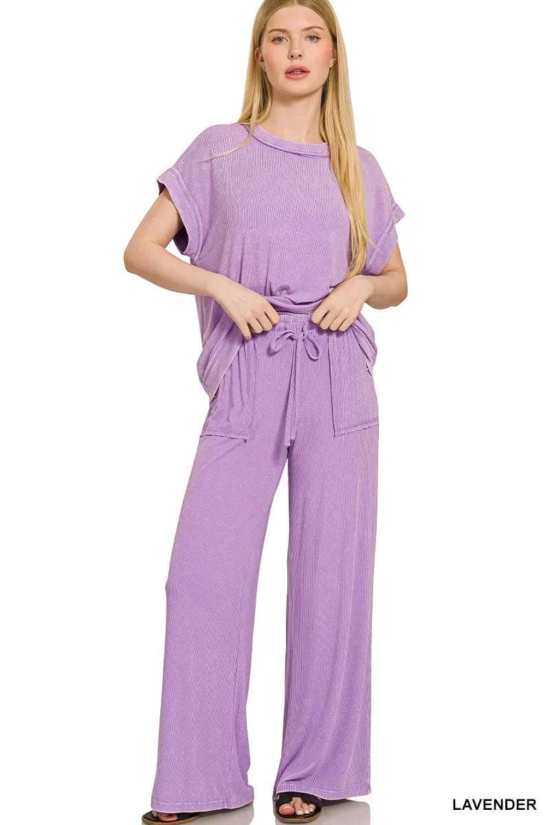 Zenana Ribbed Acid Wash Rayon Top & Pants Set - Trendsi - Flyclothing LLC