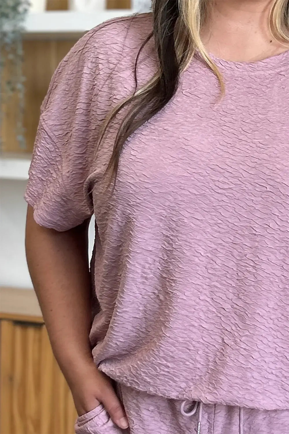 Double Take Full Size Texture Short Sleeve Top and Pants Set - Trendsi - Flyclothing LLC