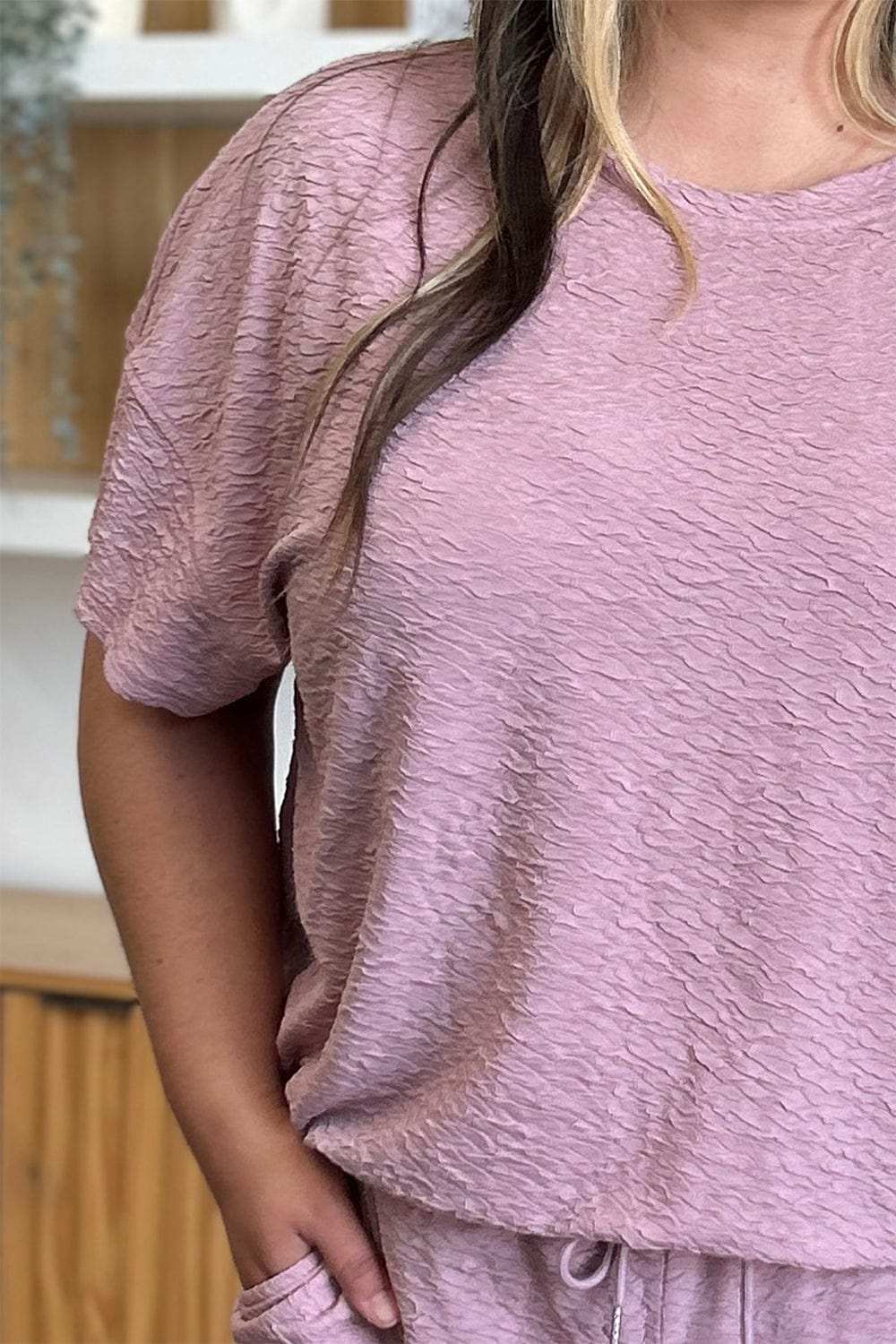 Double Take Full Size Texture Short Sleeve Top and Pants Set - Trendsi - Flyclothing LLC