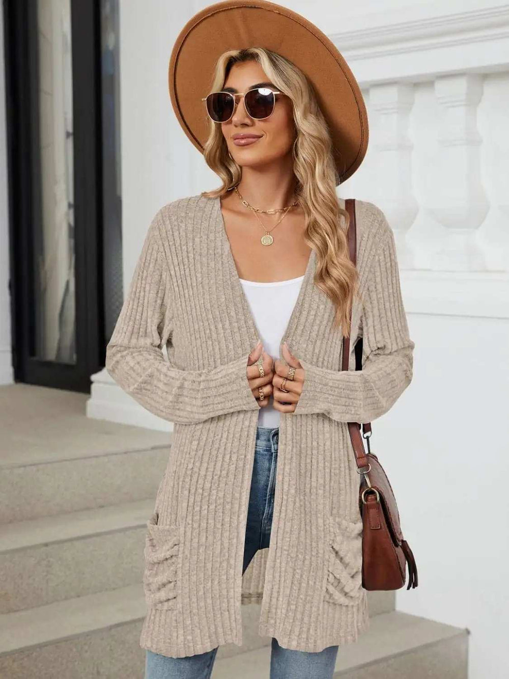 Pocketed Open Front Long Sleeve Cardigan - Trendsi - Flyclothing LLC