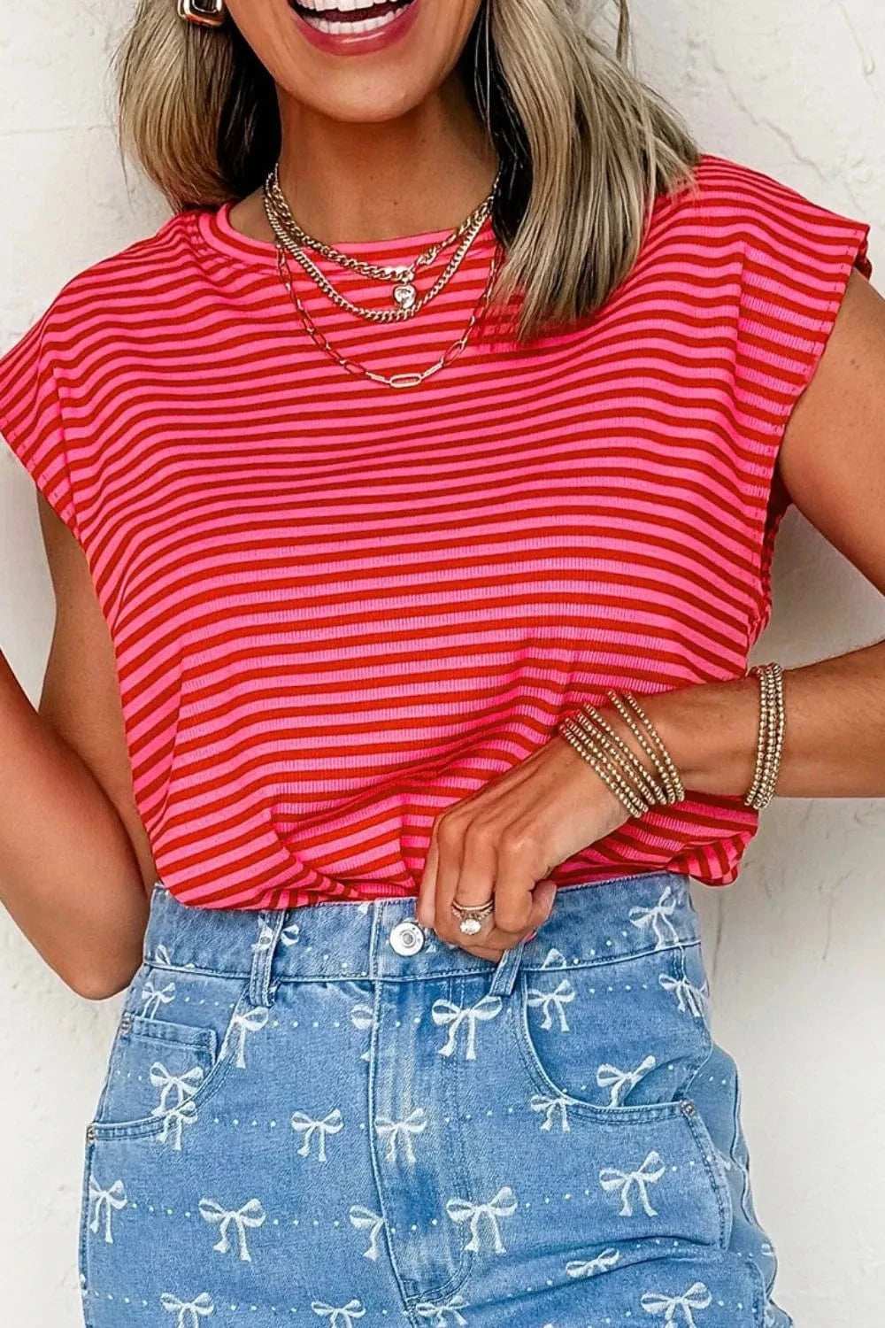 Stripe Ribbed Cap Sleeve Round Neck T Shirt - Trendsi - Flyclothing LLC