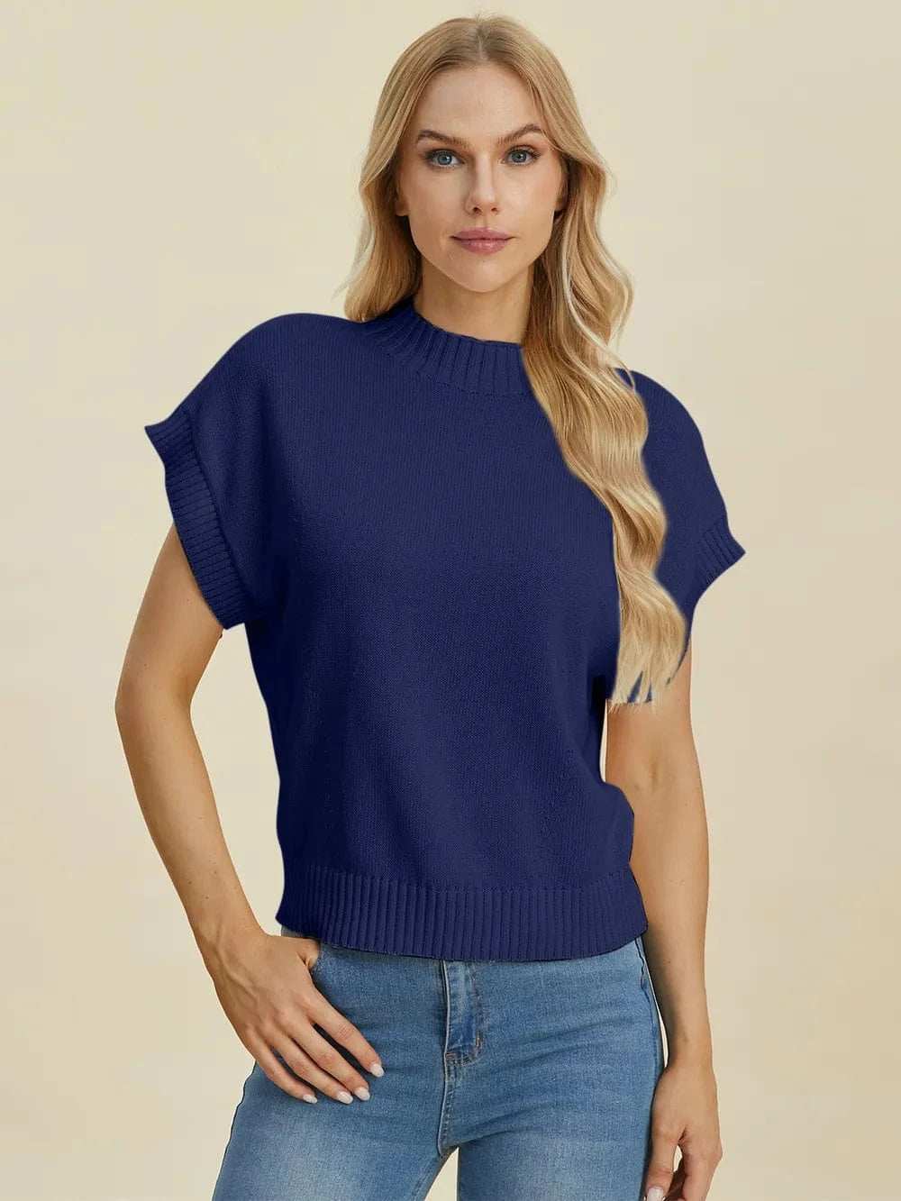 Double Take Full Size Mock Neck Short Sleeve Sweater - Trendsi - Flyclothing LLC