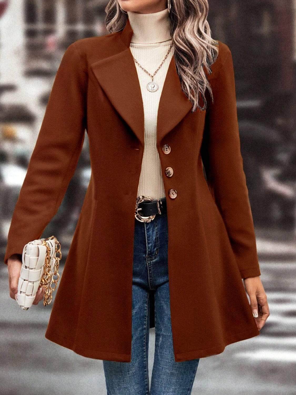 Collared Neck Long Sleeve Longline Coat - Trendsi - Flyclothing LLC