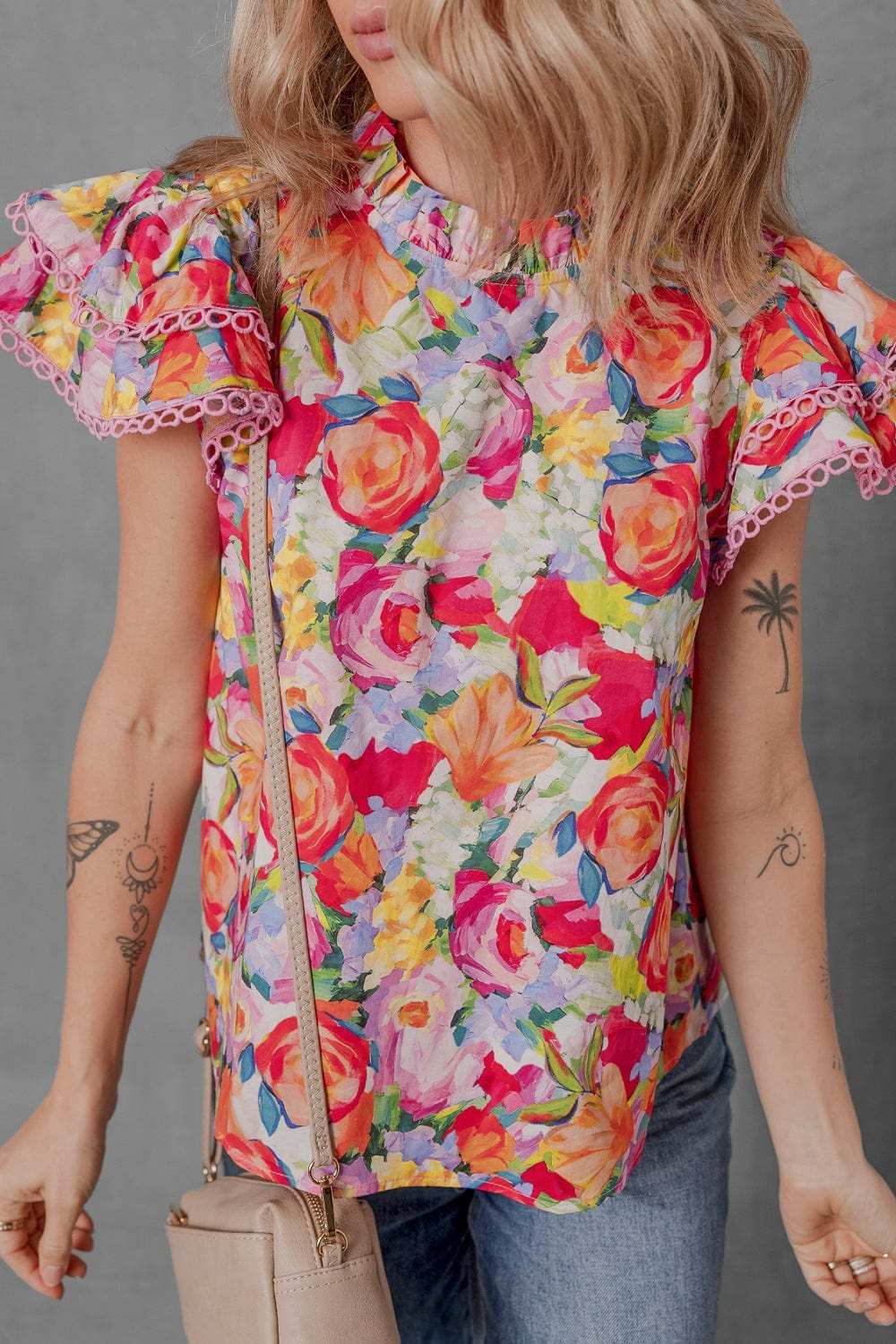 Lace Trim Ruffle Cap Sleeve Floral Blouse - Trendsi - Flyclothing LLC