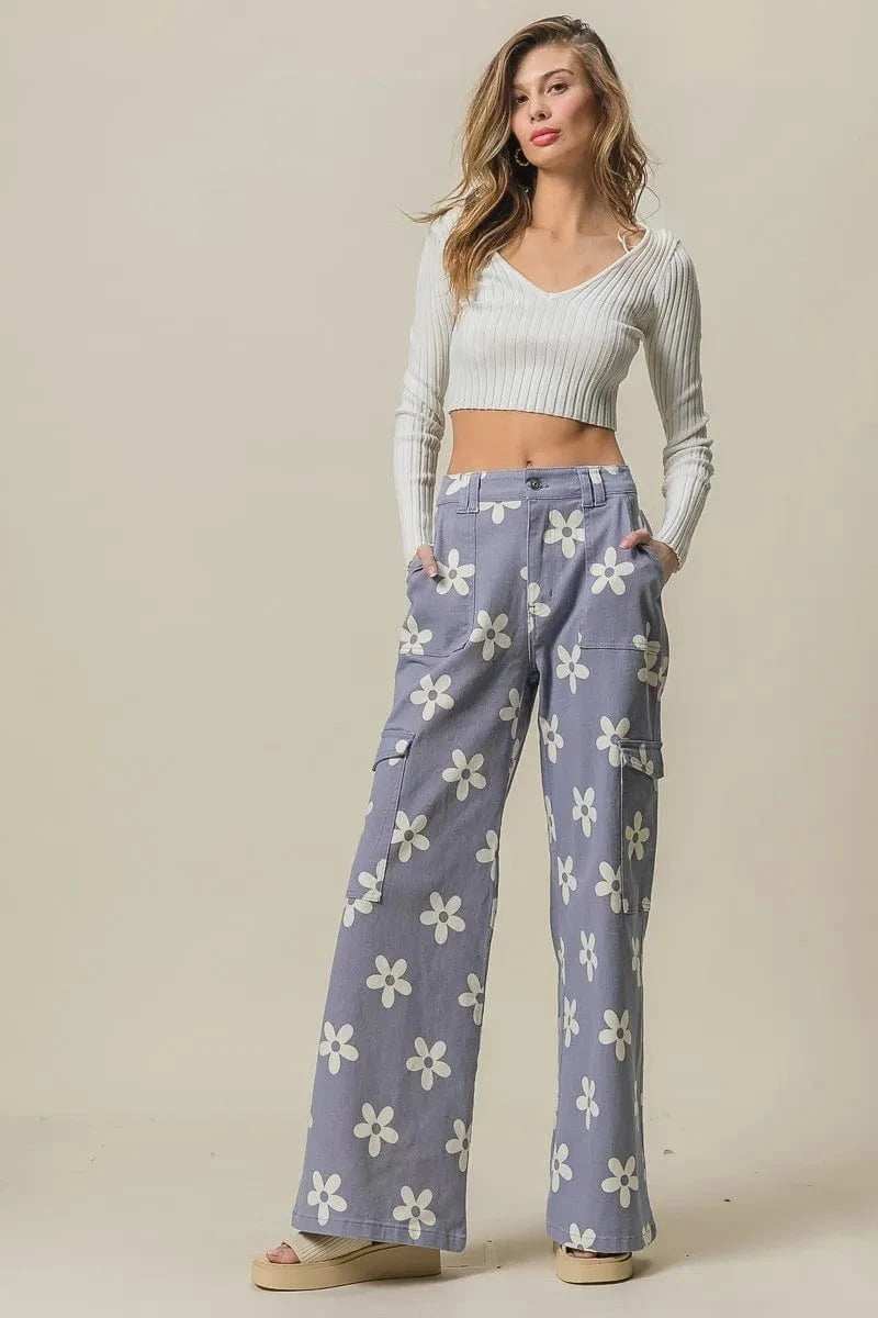 BiBi Flower Printed Side Pocket Wide Pants - Trendsi - Flyclothing LLC