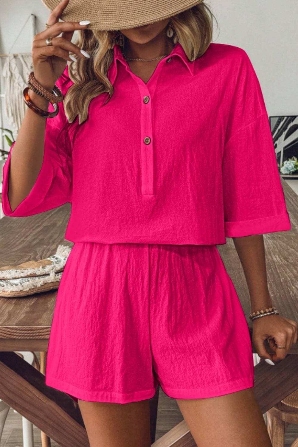 Collared Neck Half Sleeve Top and Shorts Set - Trendsi - Flyclothing LLC