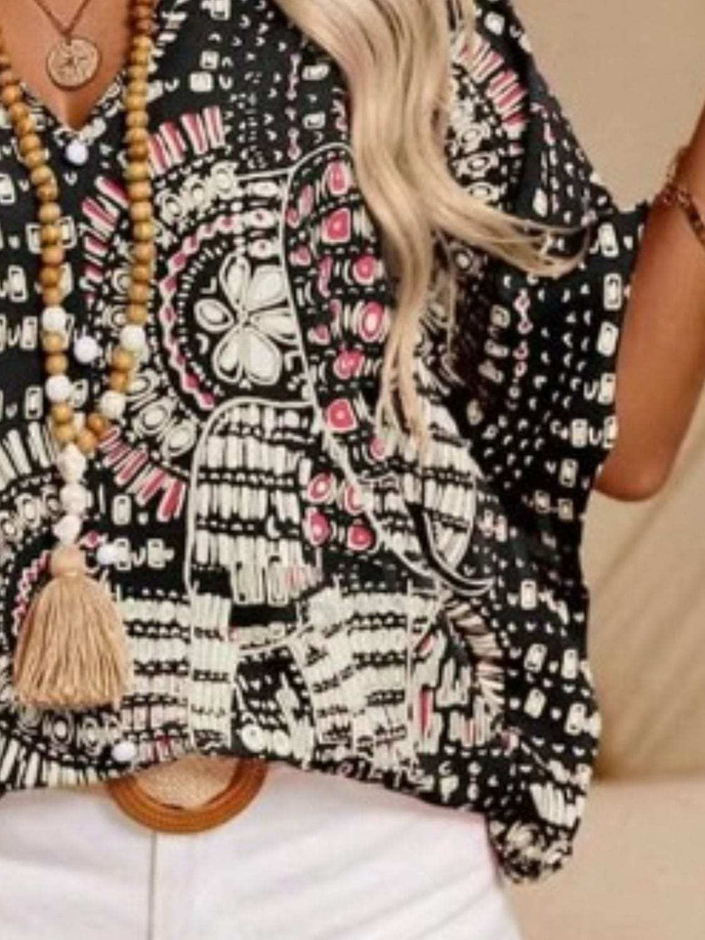 Printed V-Neck Half Sleeve Top - Trendsi - Flyclothing LLC