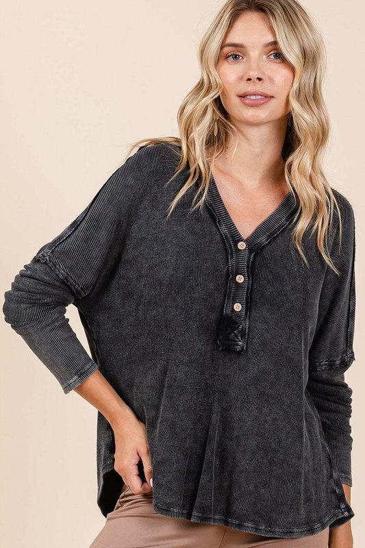 Mittoshop Washed V-Neck Long Sleeve Blouse - Trendsi - Flyclothing LLC