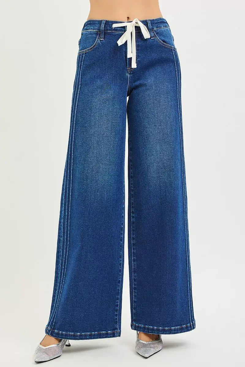 RISEN Full Size Mid Rise Wide Side Pintuck Jeans with Front Drawstring Plus Size - Trendsi - Flyclothing LLC