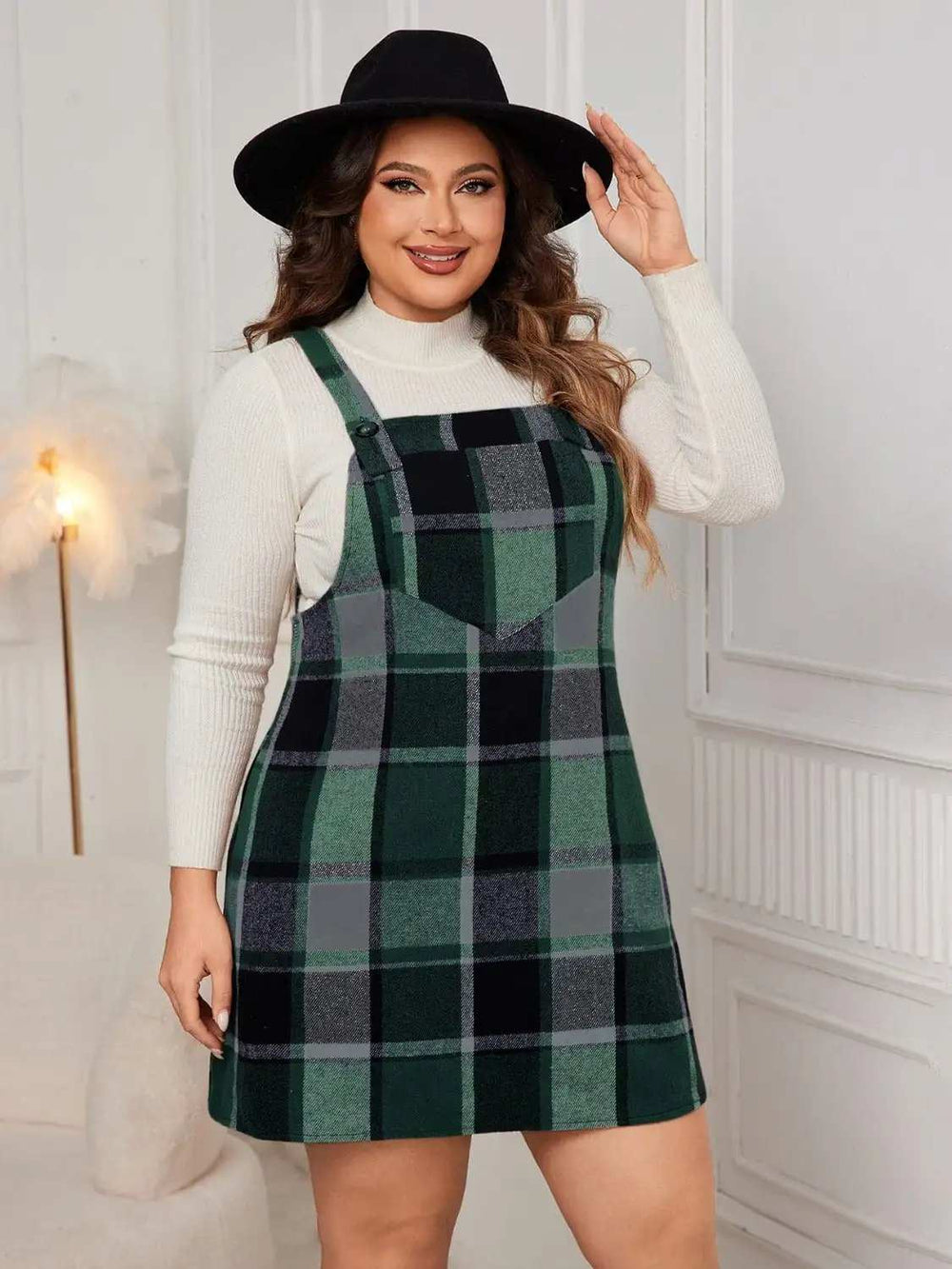 Plus Size Plaid Wide Strap Overall Dress - Trendsi - Flyclothing LLC