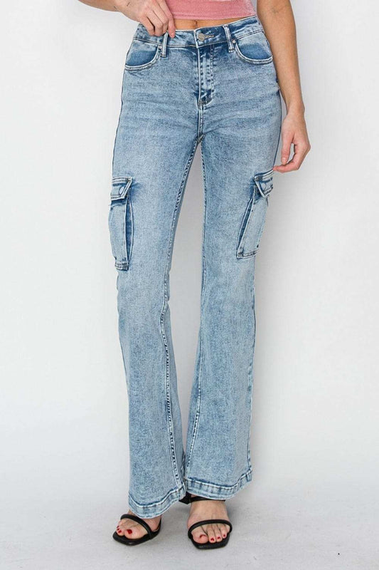 RISEN Full Size High Rise Cargo Flare Jeans - Trendsi - Flyclothing LLC