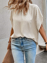 Swiss Dot Mock Neck Half Sleeve Blouse - Trendsi - Flyclothing LLC