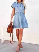 Raw Hem Short Sleeve Denim Dress - Trendsi - Flyclothing LLC