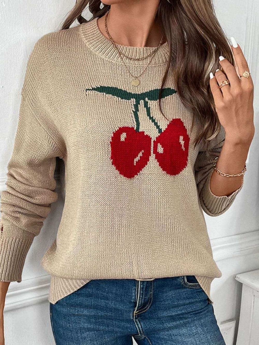 Perfee Cherry Round Neck Long Sleeve Sweater - Trendsi - Flyclothing LLC