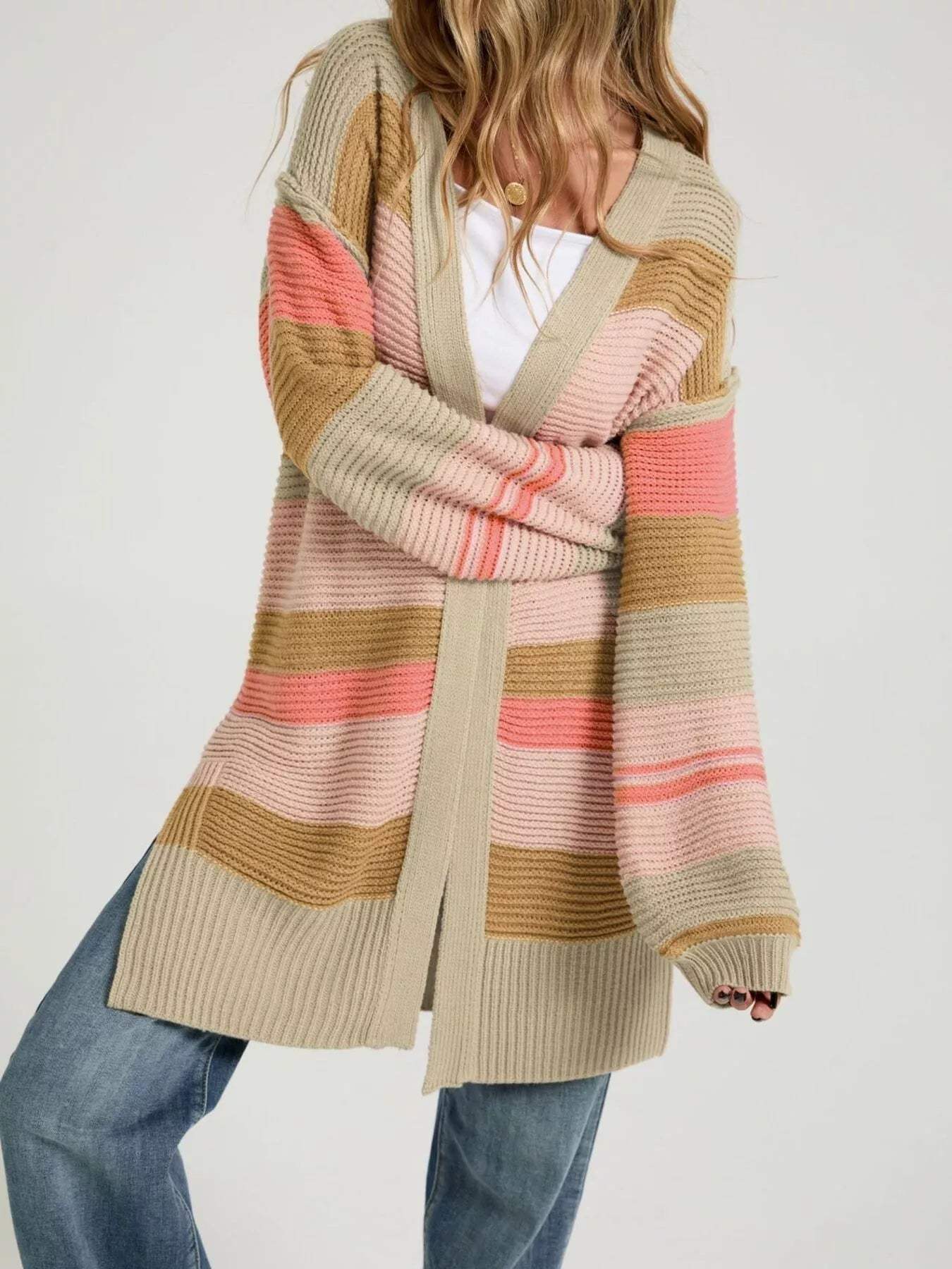Color Block Striped Open Front Cardigan - Trendsi - Flyclothing LLC