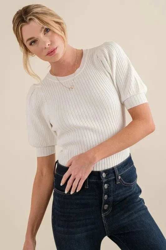 And The Why Puffed Half Sleeve Rib Basic Bodysuit - Trendsi - Flyclothing LLC
