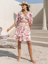 Printed Half Sleeve Top and Layered Skirt Set - Trendsi - Flyclothing LLC