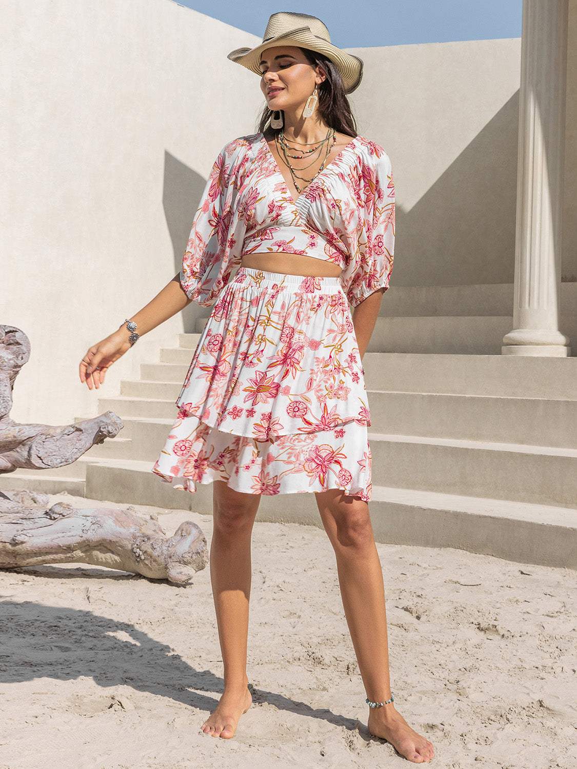 Printed Half Sleeve Top and Layered Skirt Set - Trendsi - Flyclothing LLC