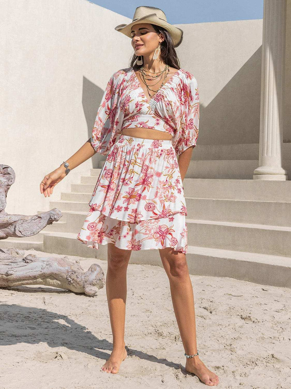 Printed Half Sleeve Top and Layered Skirt Set - Trendsi - Flyclothing LLC