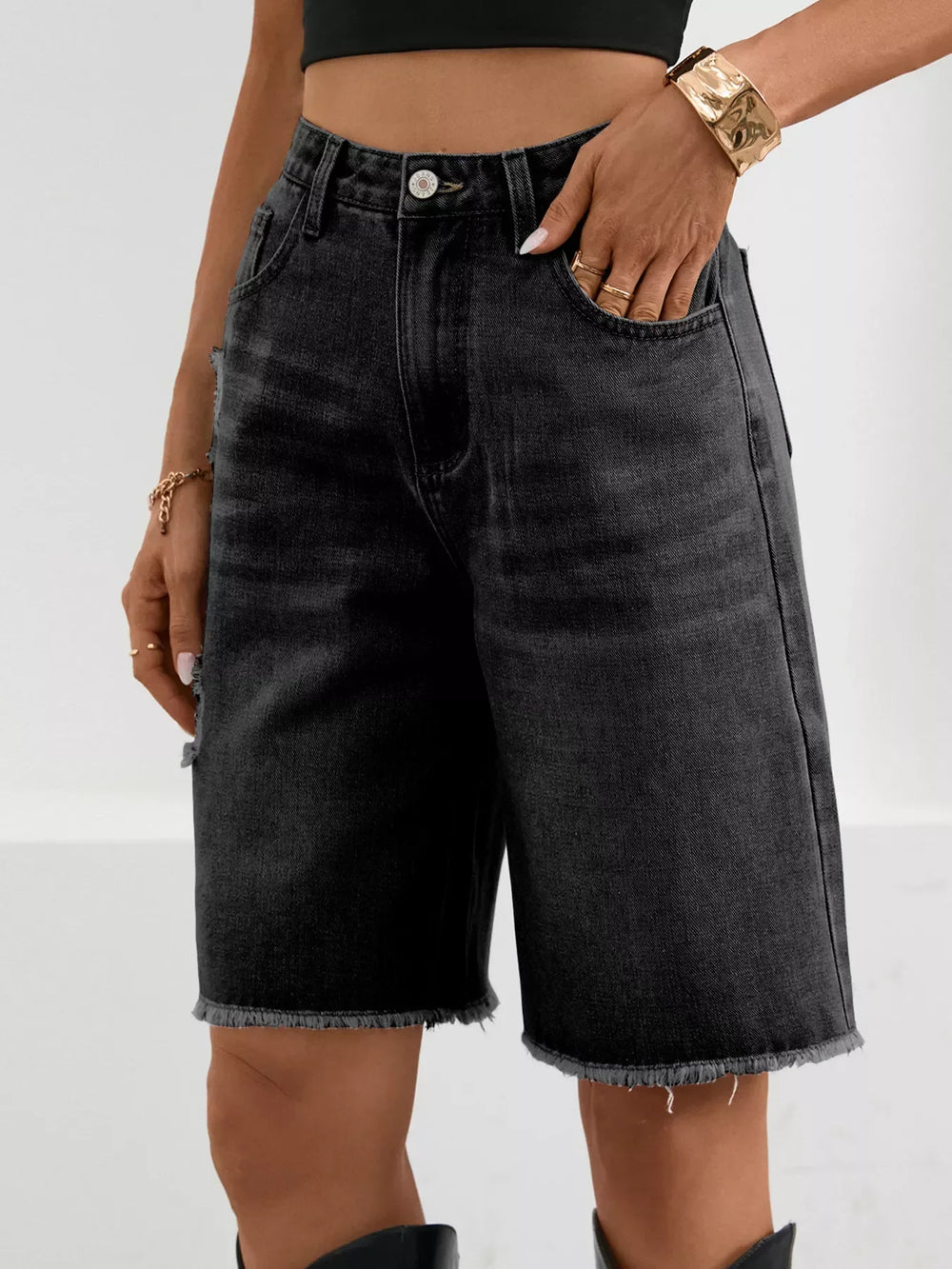 Ripped Frayed Hem Denim Shorts - Trendsi - Flyclothing LLC