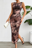 Printed Ruched Slit Sleeveless Midi Dress - Trendsi