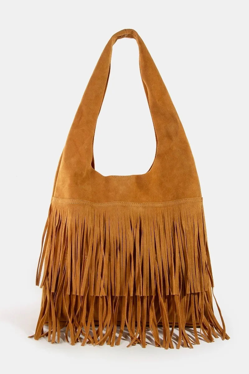 Fame Layered Fringe Detail Suede Hobo Bag - Trendsi