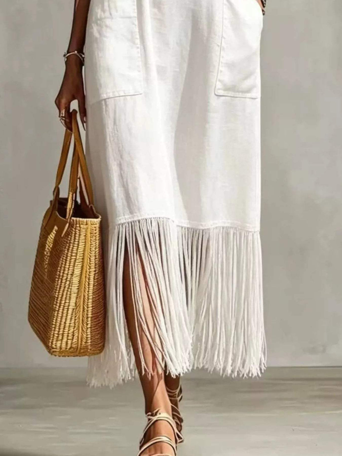 Full Size Fringe V-Neck Spaghetti Strap Dress Plus Size - Trendsi - Flyclothing LLC