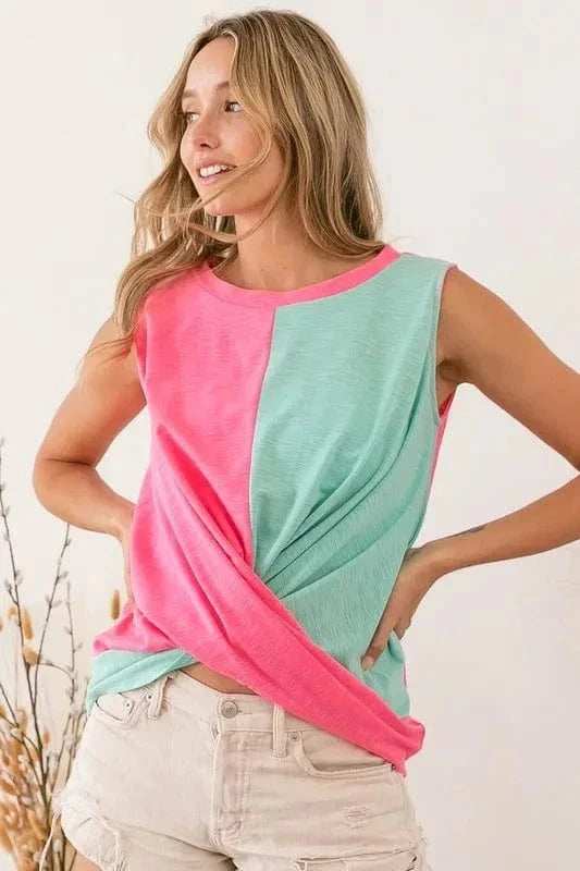 BiBi Slub Terry Color Block Twisted Top - Trendsi - Flyclothing LLC