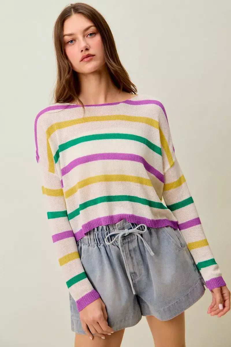 SO ME Mardi Gras Color Stripe Lightweight Sweater Top - Trendsi - Flyclothing LLC