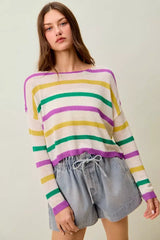 SO ME Mardi Gras Color Stripe Lightweight Sweater Top - Trendsi - Flyclothing LLC