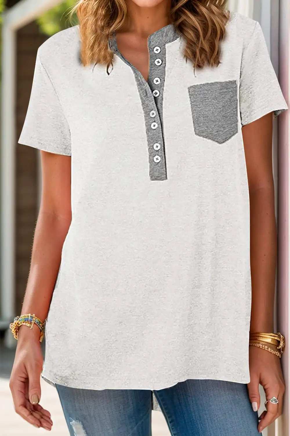 Full Size Half Button Short Sleeve T-Shirt - Trendsi - Flyclothing LLC