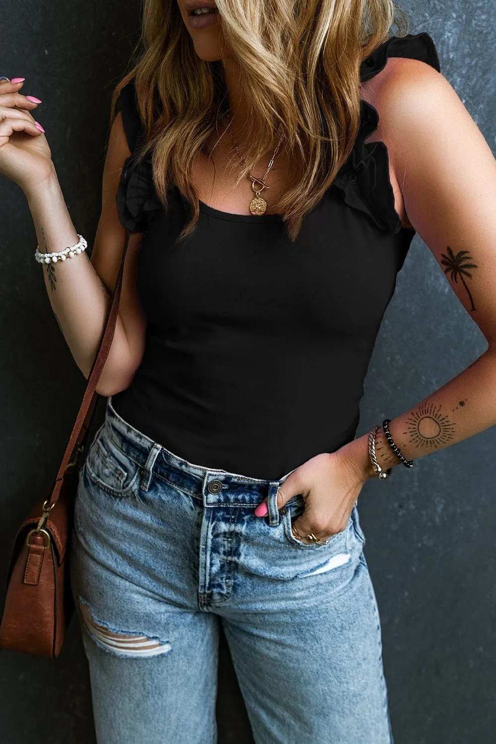 Ruffled Round Neck Tank - Trendsi - Flyclothing LLC