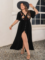 Plus Size Embroidered V-Neck Flutter Sleeve Maxi Dress - Trendsi - Flyclothing LLC