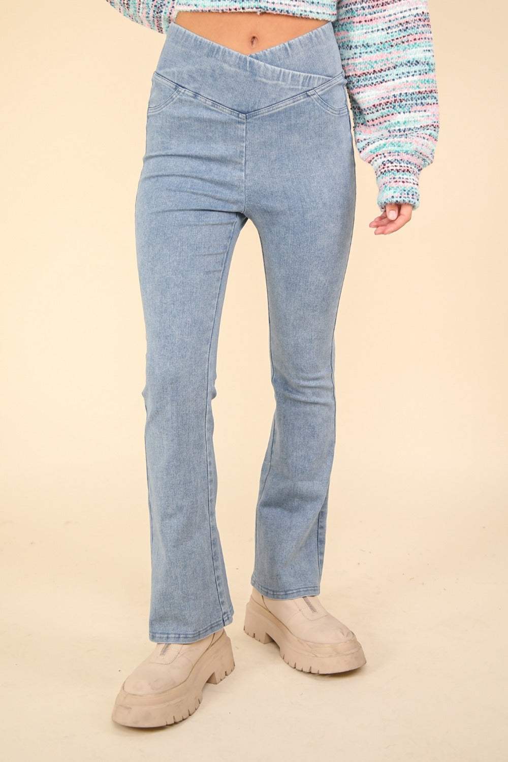VERY J Washed Denim Stretchy Crossover Waist Leggings - Trendsi - Flyclothing LLC