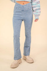 VERY J Washed Denim Stretchy Crossover Waist Leggings - Trendsi - Flyclothing LLC