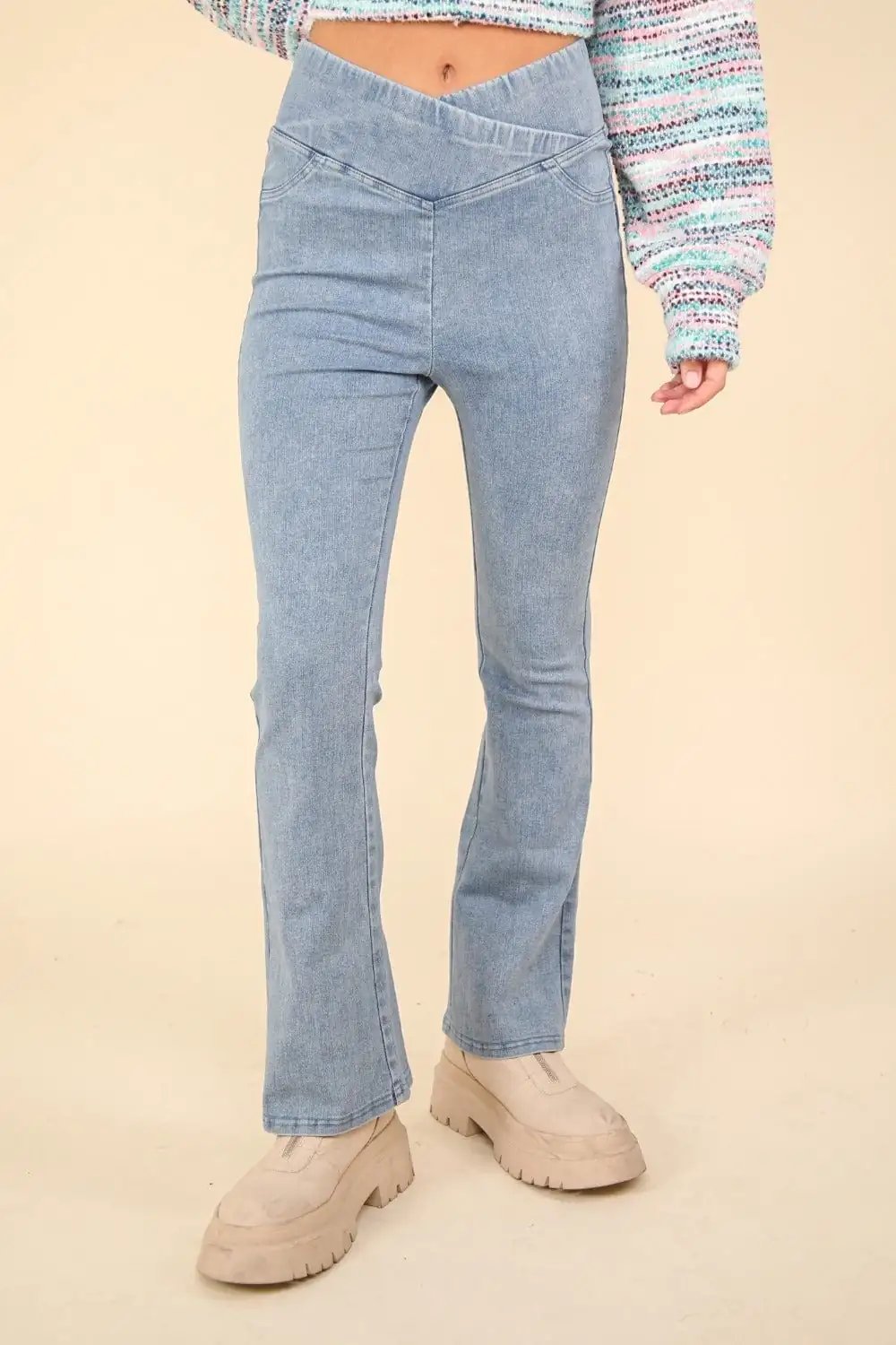 VERY J Washed Denim Stretchy Crossover Waist Leggings - Trendsi