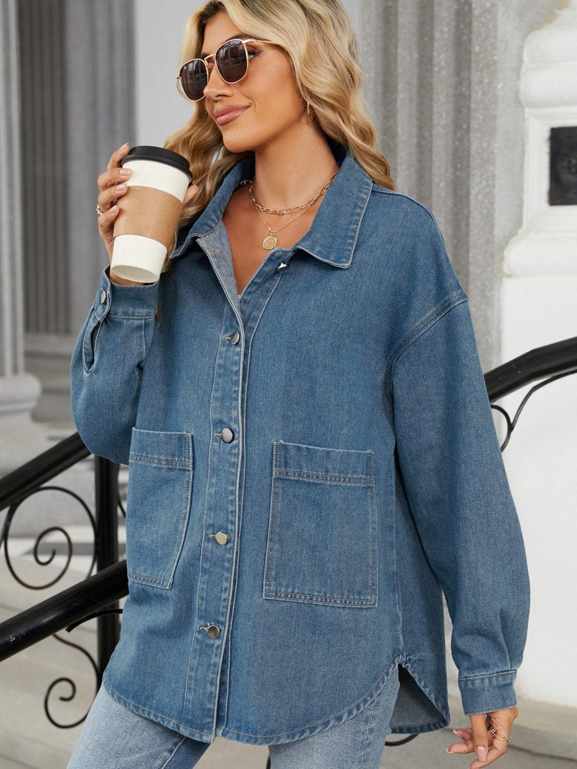 Removable Hood Button Up Long Sleeve Denim Jacket - Trendsi - Flyclothing LLC