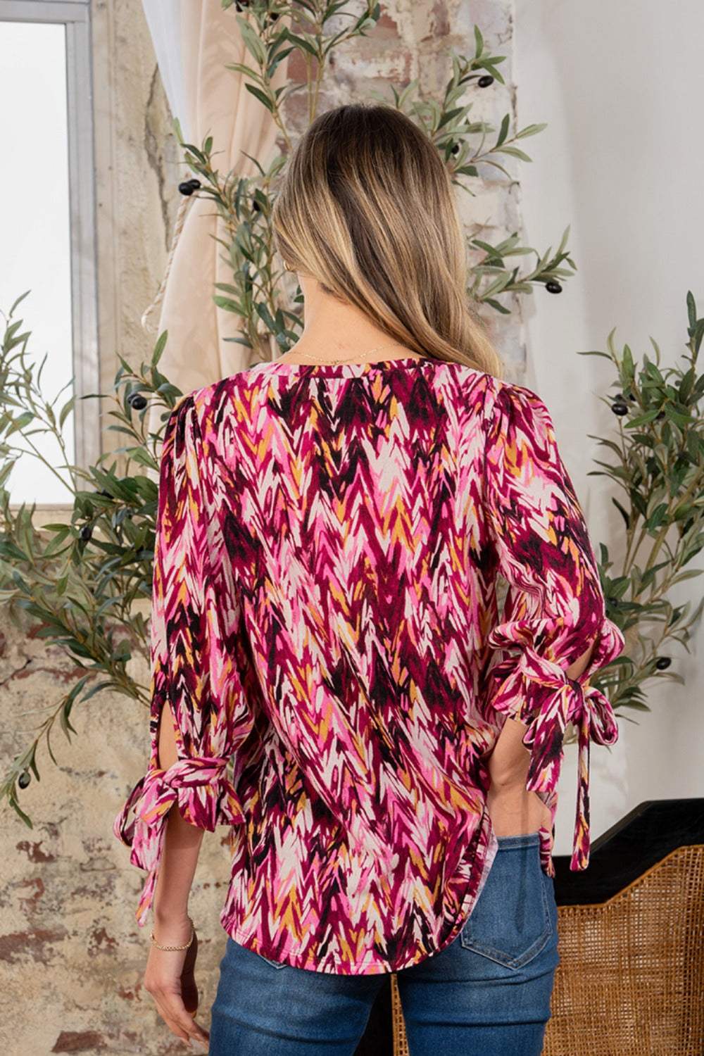 Sew In Love Full Size Printed V-Neck Blouse with Sleeve Knot - Trendsi - Flyclothing LLC