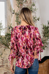 Sew In Love Full Size Printed V-Neck Blouse with Sleeve Knot - Trendsi - Flyclothing LLC