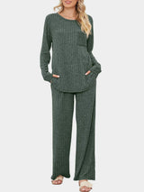Round Neck Long Sleeve Top and Pants Set - Trendsi - Flyclothing LLC