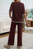 Devine Contrast Trim Half Sleeve Top and Pants Set - Trendsi - Flyclothing LLC