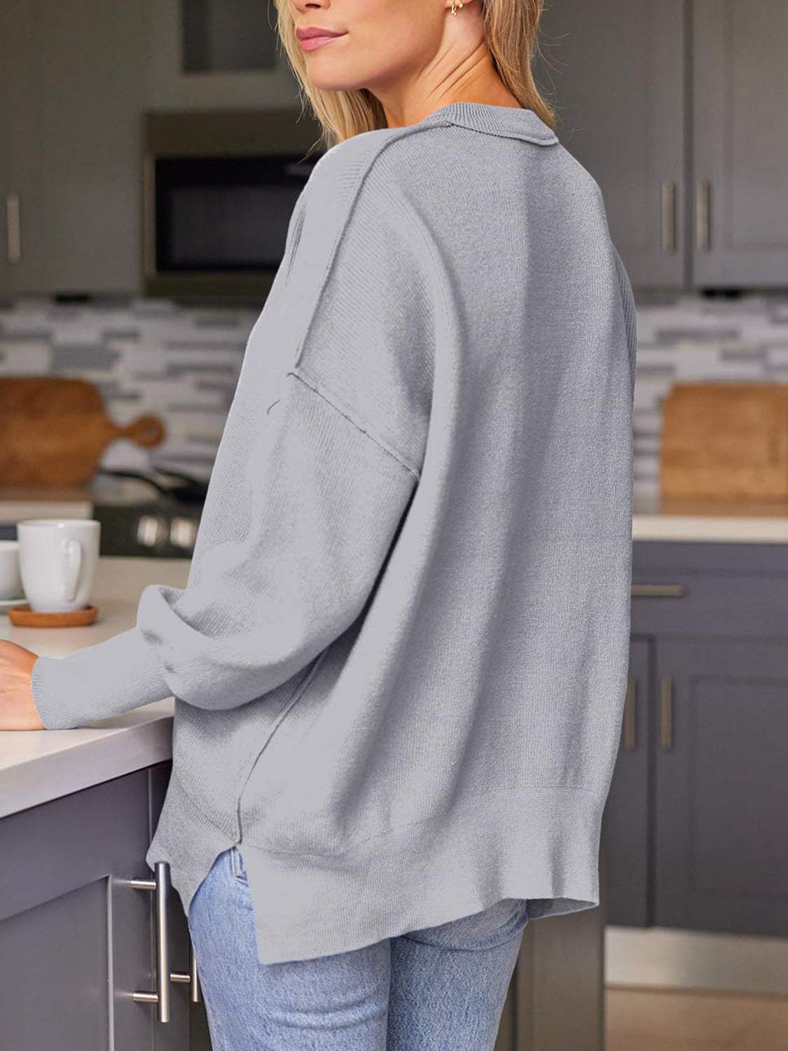 Slit Round Neck Dropped Shoulder Sweater - Trendsi - Flyclothing LLC