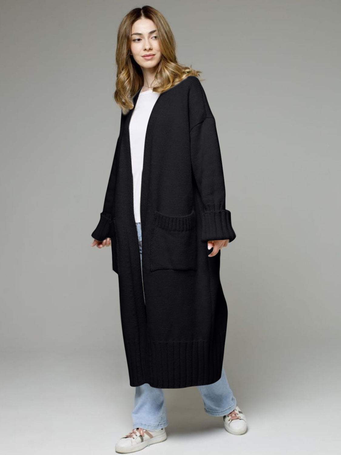Pocketed Open Front Dropped Shoulder Cardigan - Trendsi - Flyclothing LLC
