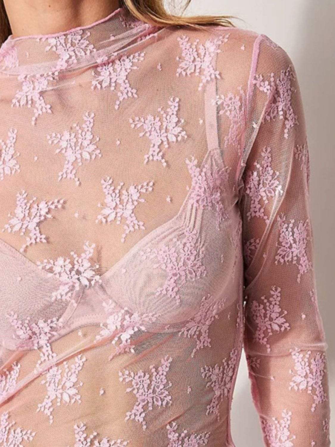 Lace Mock Neck Long Sleeve Blouse - Trendsi - Flyclothing LLC