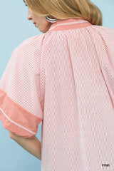 Umgee Striped Mixed Puff Sleeve Blouse - Trendsi - Flyclothing LLC