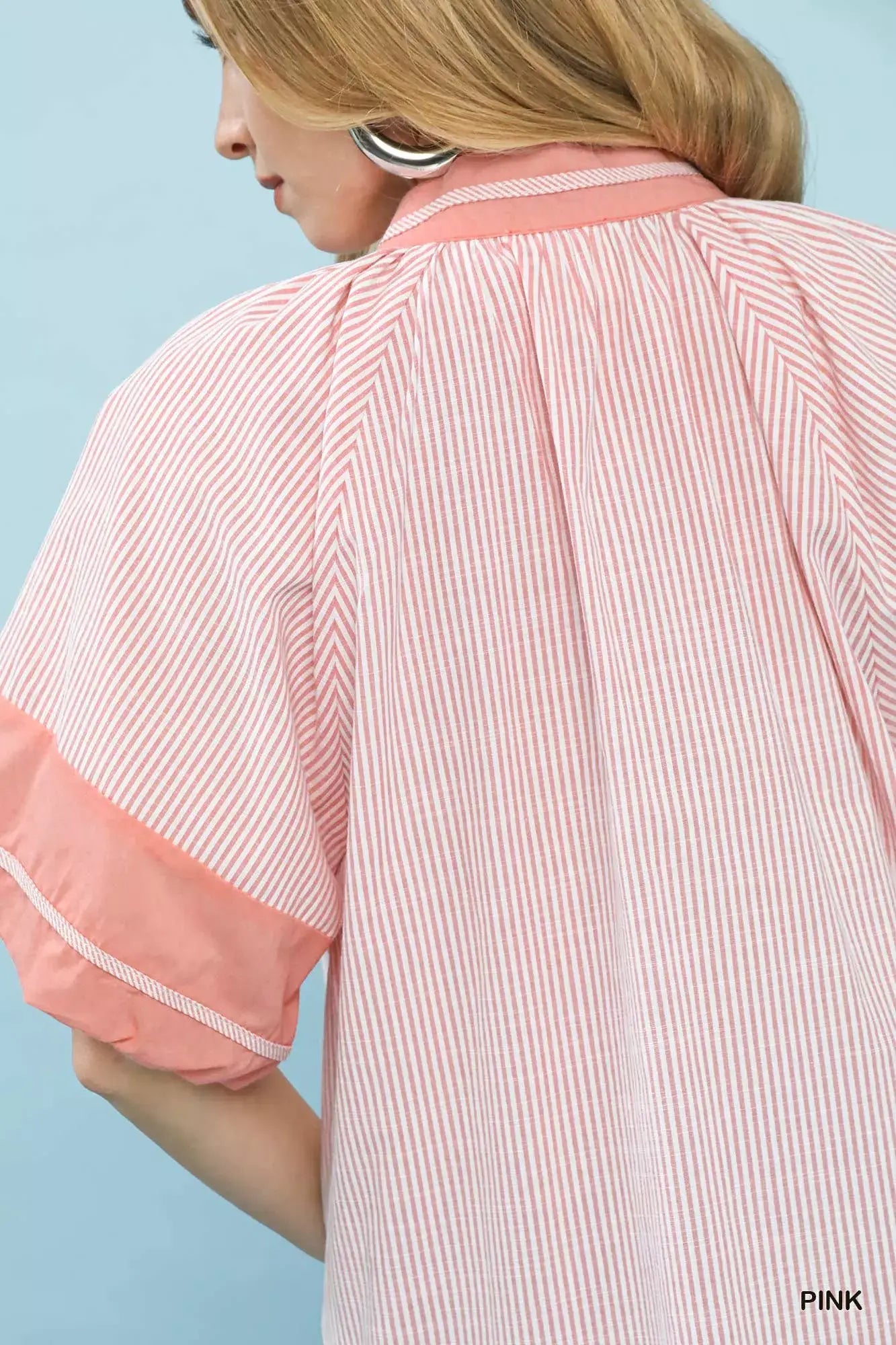 Umgee Striped Mixed Puff Sleeve Blouse - Trendsi - Flyclothing LLC