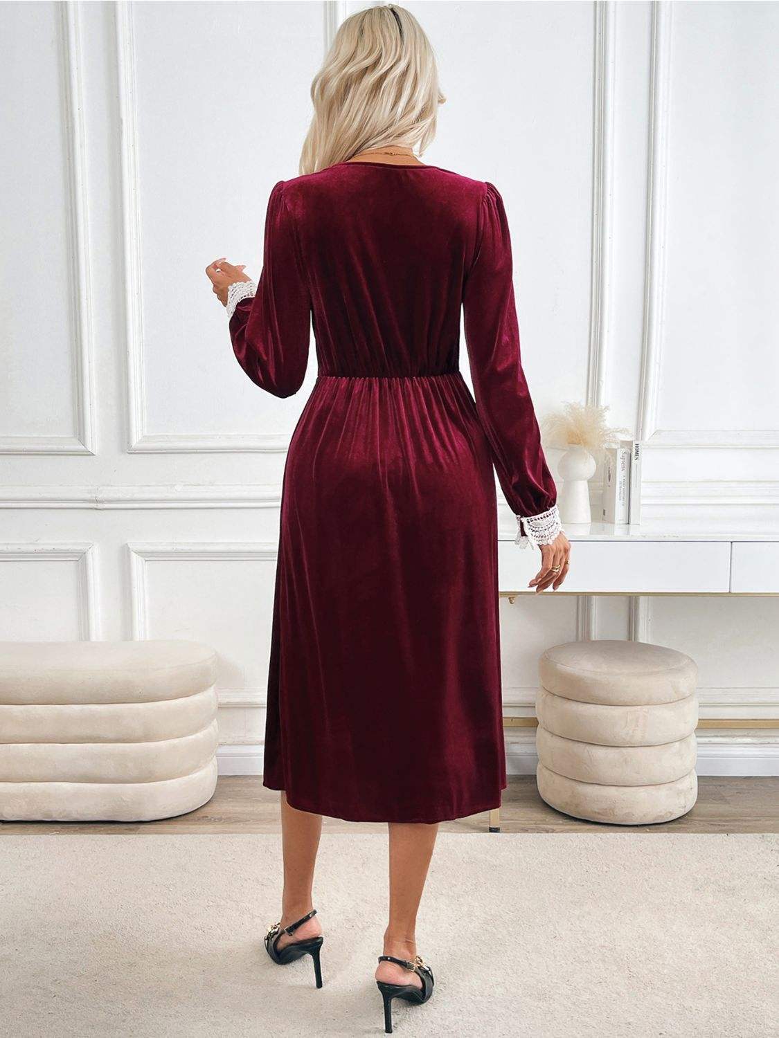 Perfee Lace Detail V-Neck Long Sleeve Midi Dress - Trendsi - Flyclothing LLC