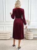 Perfee Lace Detail V-Neck Long Sleeve Midi Dress - Trendsi